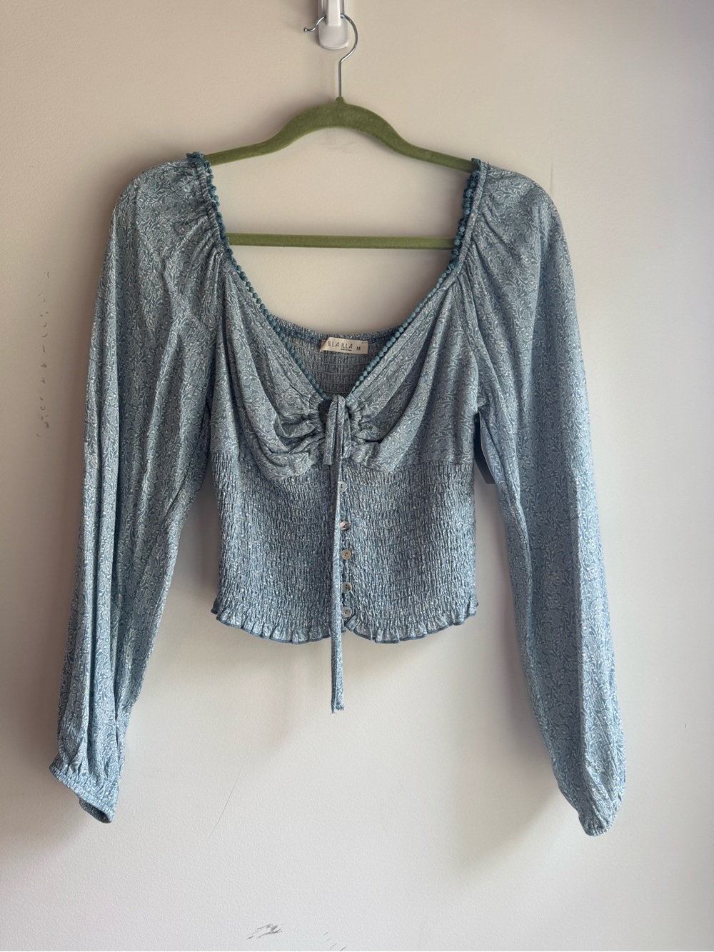 ILLA ILLA Light Blue Smocked Long-Sleeve Tie-Front Top NWT